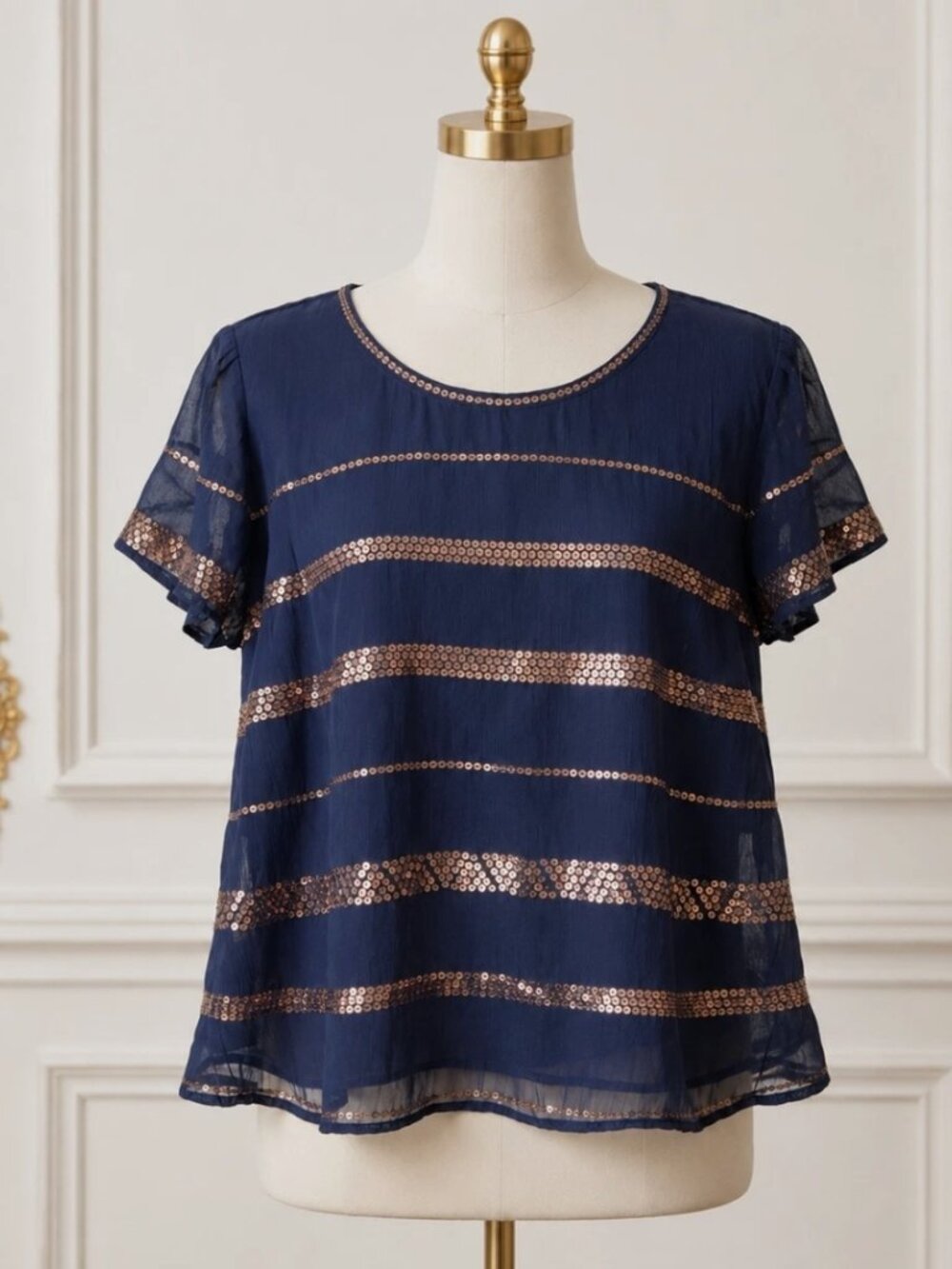 Abercrombie & Fitch Navy Gold Sequin Mesh Blouse Women's Size Small - Picture 3 of 7